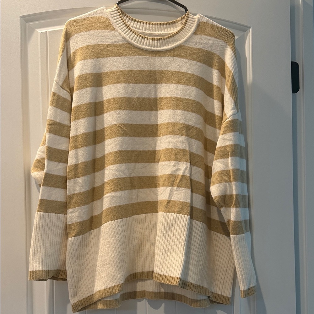 LOFT Striped Crewneck Sweater in Cream and Tan